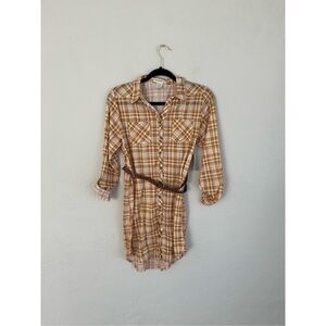 Passport Girl Flannel Belted Button Up Shirt Dress, Size 14